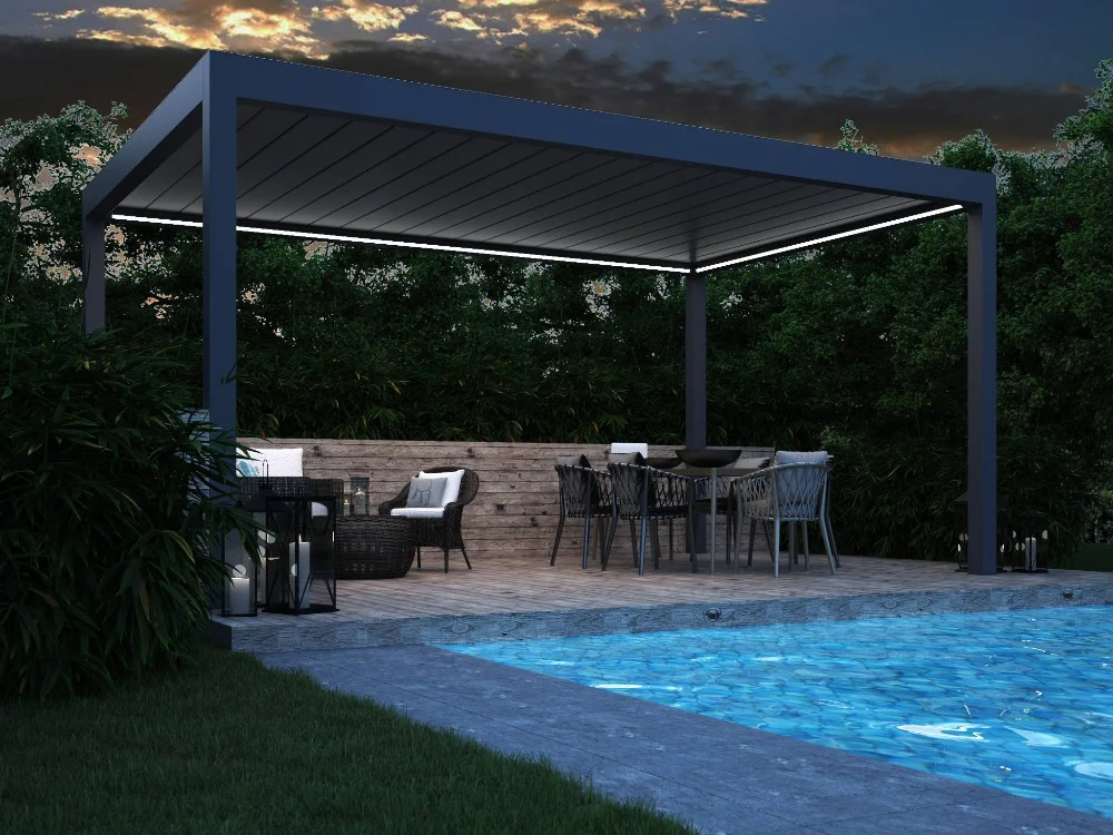 Bf Amenagement Exterieur Amenagement Exterieur Morlaix Deponti Pinela Deluxe Electric Retractable Aluminium Pergola Roof Closed Beside The Pool 1000x750